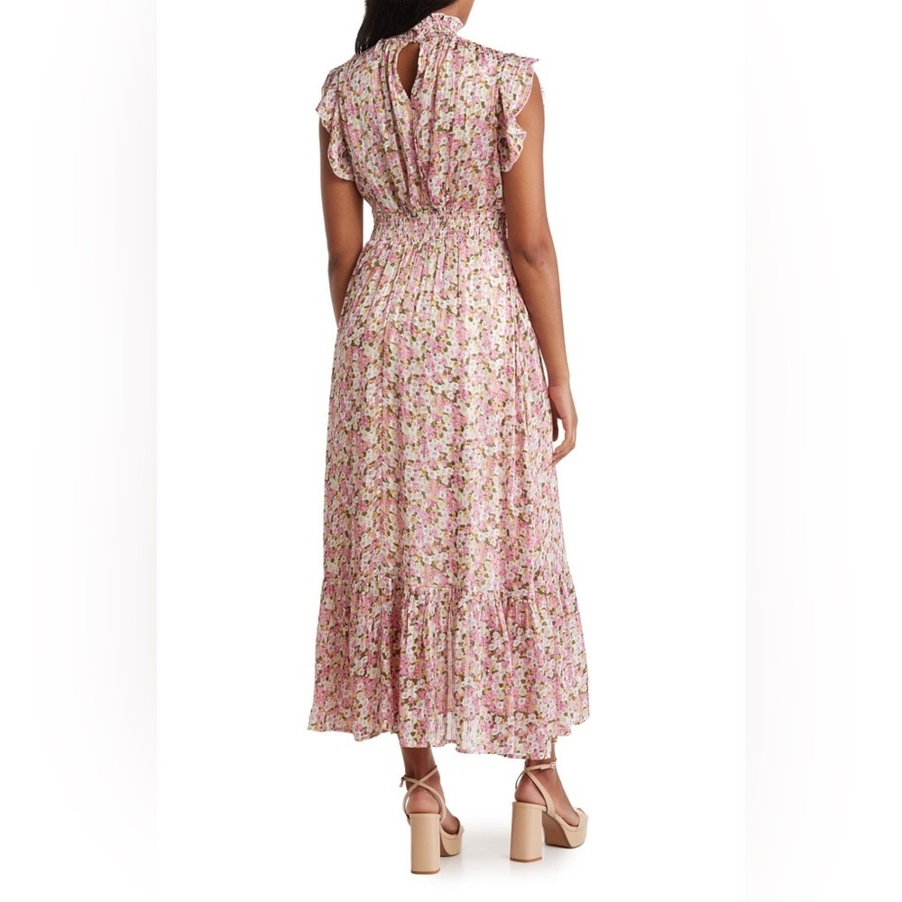Melloday Floral Pink Ruffle Tiered Maxi Dress Smocked Victorian Coquette Ditsy L - Picture 4 of 9